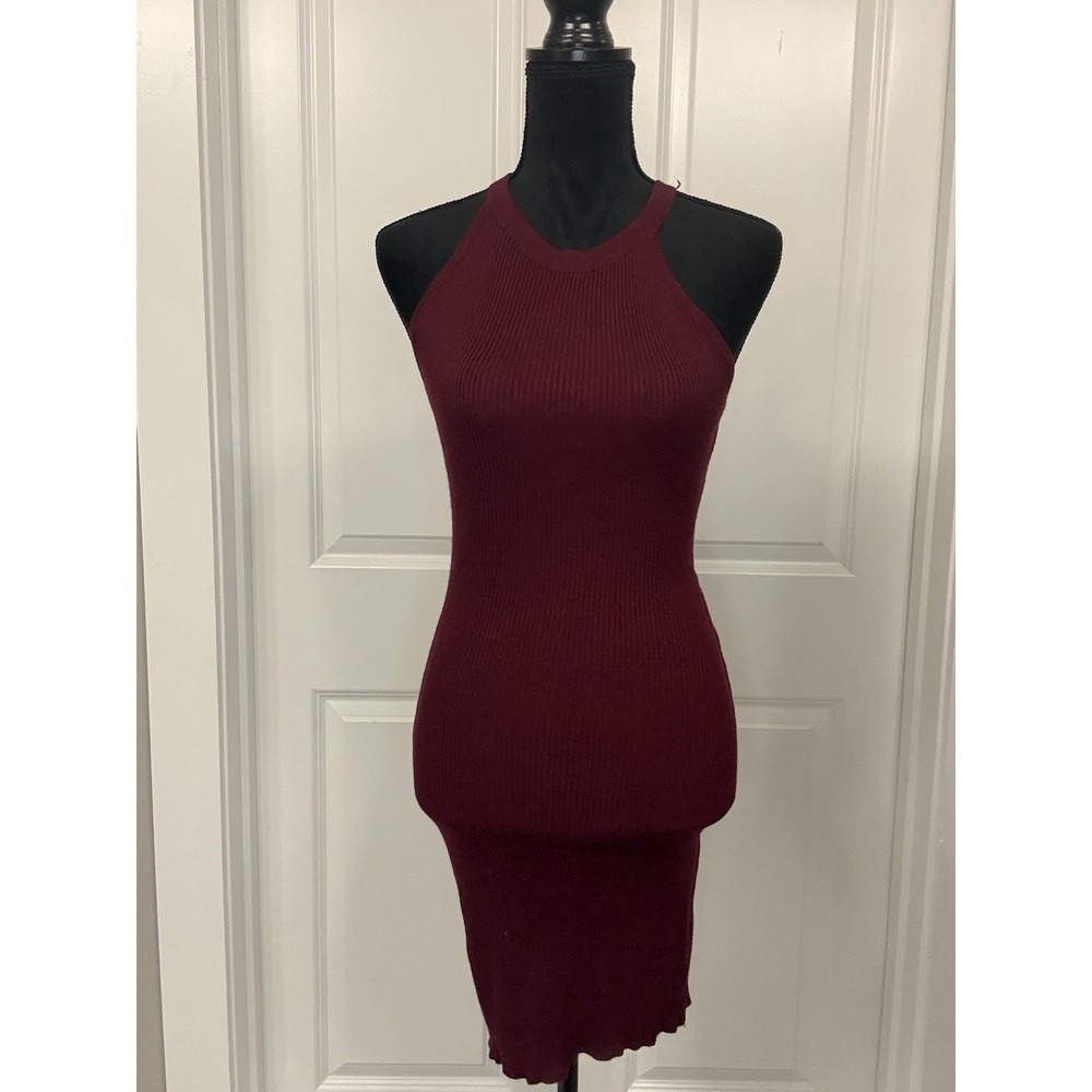 Burgundy Bodycon Stretchy Midi Dress Size L Sleeveless